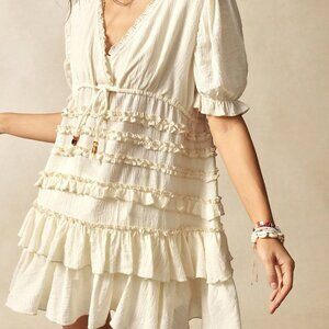 Apricot Casual Women's Woven V-Neck Short Sleeve Loose Ruffled Hem Mini Dress
